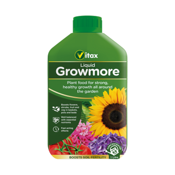 A green bottle of Growmore Concentrated Liquid - 1 Litre, featuring vibrant flowers and a sunflower on the label. The text highlights its benefits for promoting strong, healthy garden growth with balanced plant nutrients.