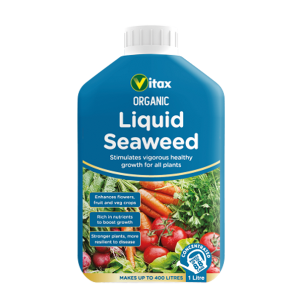 Introducing Organic Seaweed - 1 Litre, enriched with organic nutrients to enhance plant growth. The packaging showcases assorted vegetable images and emphasises its benefits for flowers, fruits, and vegetable crops. Perfect as a liquid seaweed extract to invigorate your garden's vitality.