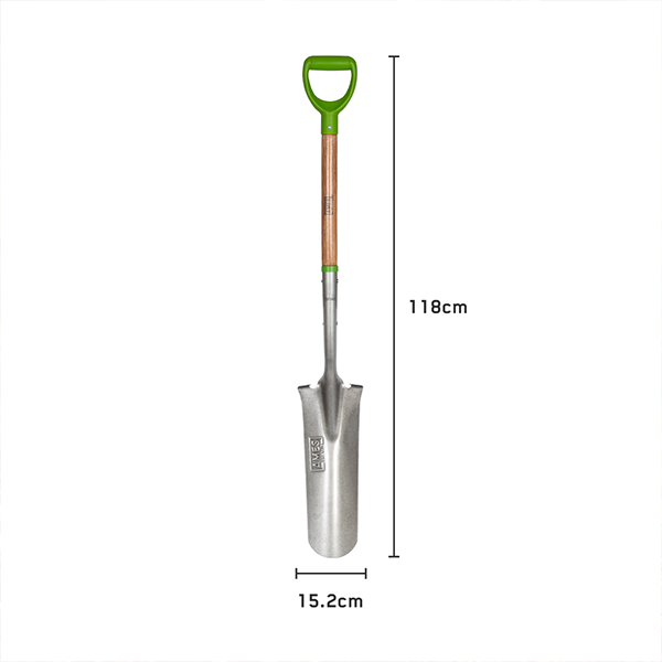 Explore the Planting Spade - Carbon Steel, designed for gardening with its long structure and green handle. It features an FSC certified ash wood shaft and a sturdy metal blade. The Comfort Step foot treads provide easy operation, while its dimensions of 118 cm in length and 15.2 cm in width make it perfect for seamless planting.