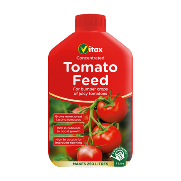 Red bottle of Tomato Feed - 1 Litre, a powerful liquid fertiliser formulated to boost tomato growth. This product makes up to 250 litres, ensuring bumper crops.