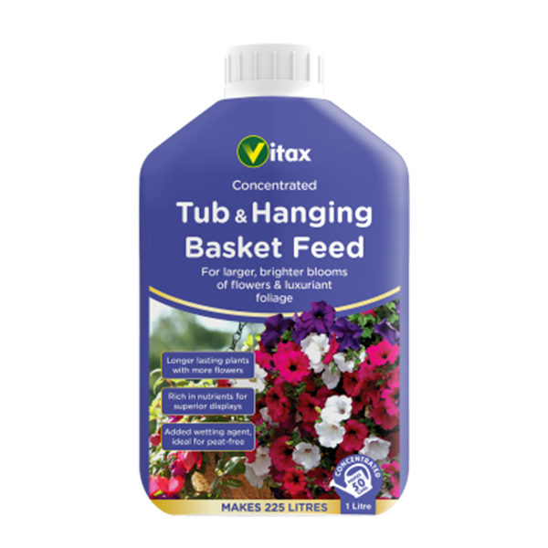 A 1-litre bottle of Tub & Hanging Basket Feed is formulated to enhance larger, more vibrant blooms and lush foliage in hanging basket plants, with a yield of up to 225 litres.