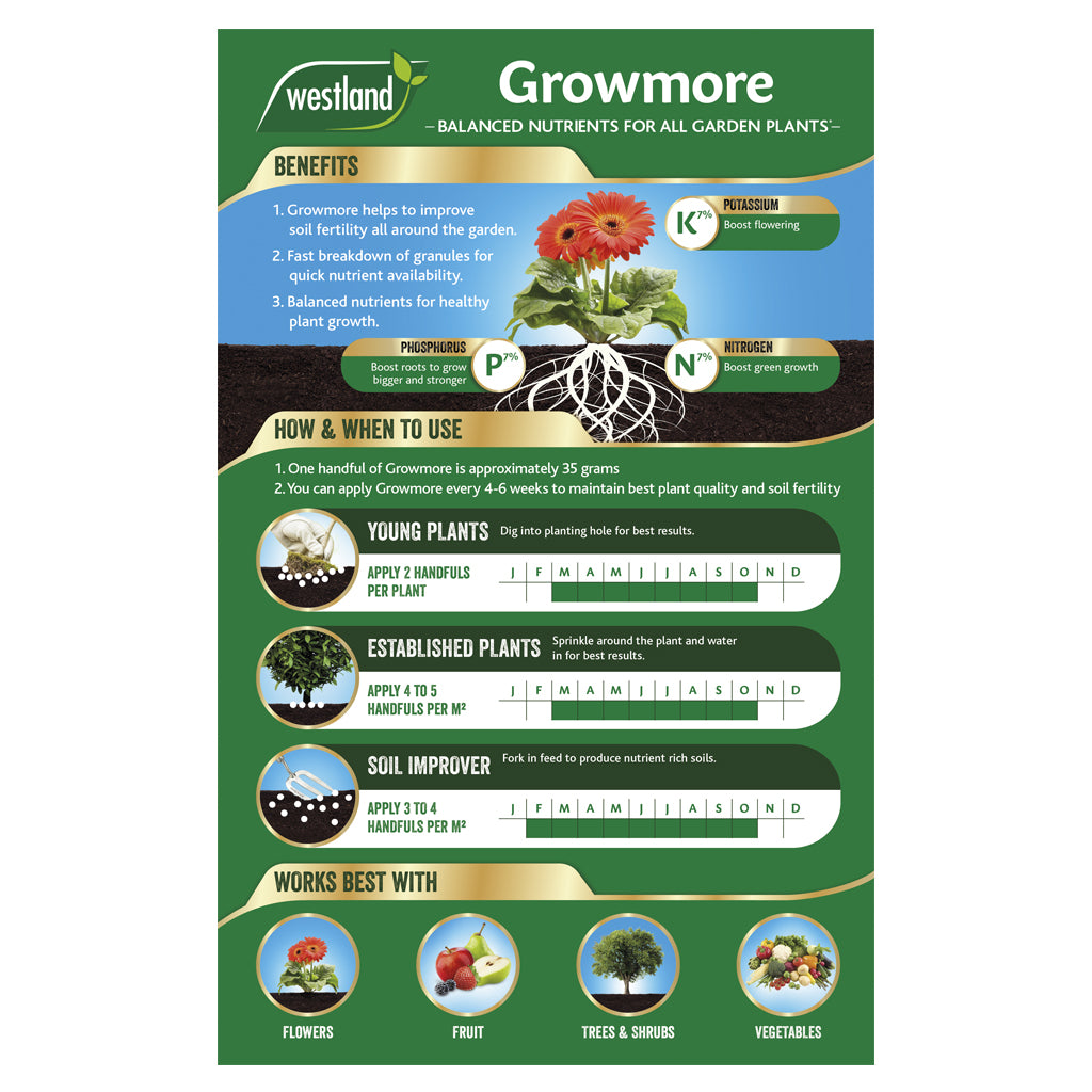 Explore the advantages of Westland Growmore 1.5Kg in our infographic, showcasing its impact on boosting soil fertility. Find usage guidance for both young and established plants, and understand how this versatile feed promotes growth for flowers, fruit, trees, and shrubs.