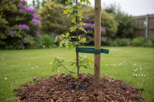 A tree with mild transplant shock with slightly drooping leaves.