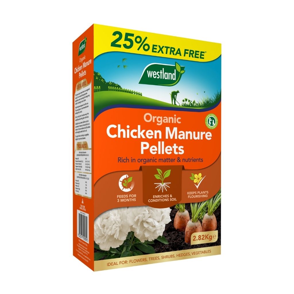 Box of Westland Chicken Manure Pellets, 2.25 kg plus 25% extra free. This organic fertiliser is perfect for enriching the soil around flowers, trees, shrubs, hedges, and vegetables.