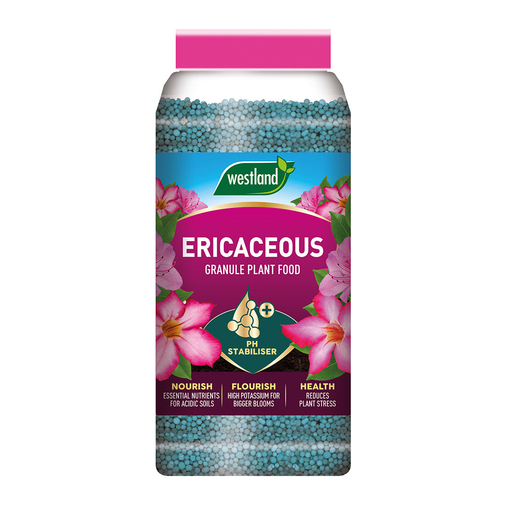 Jar of Ericaceous Specialist Plant Food Granules (900g) with pink flowers on the label, providing benefits such as pH stabilisation and nutrient enrichment for acid-loving plants, and offering a slow-release feed ideal for maintaining acidic soils.