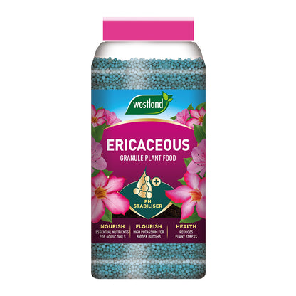 Jar of Ericaceous Specialist Plant Food Granules (900g) with pink flowers on the label, providing benefits such as pH stabilisation and nutrient enrichment for acid-loving plants, and offering a slow-release feed ideal for maintaining acidic soils.