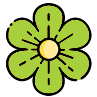 Illustration of a green flower with a yellow center, outlined in black, with five rounded petals.