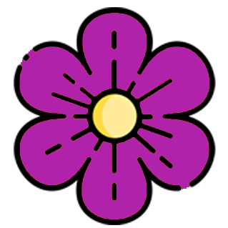A simple illustration of a purple flower with five petals and a yellow center.