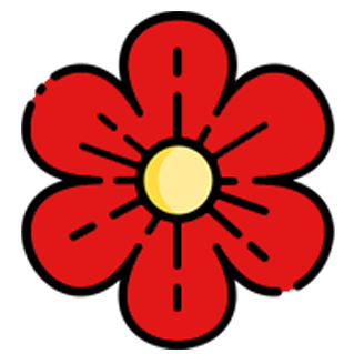 Red flower with five petals and a yellow center, set against a black background.