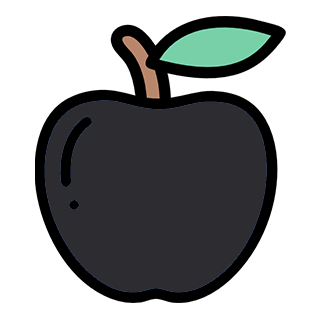 Simple illustration of a black apple with a brown stem and a green leaf.