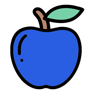 Illustration of a blue apple with a green leaf on a white background.