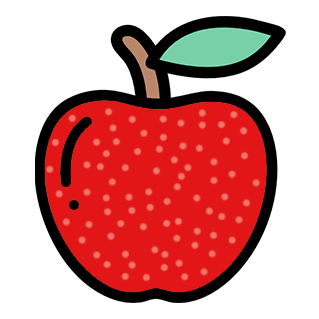 Illustration of a red apple with a brown stem and a single green leaf.