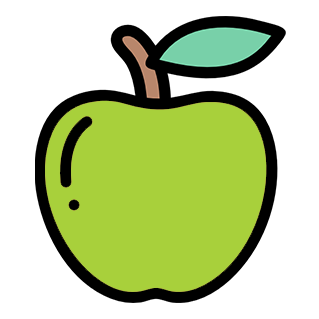 Illustration of a green apple with a brown stem and a single green leaf.