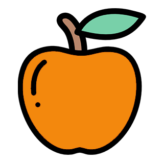 Illustration of an orange apple with a brown stem and a green leaf.