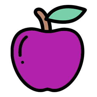 Illustration of a purple apple with a green leaf on a brown stem.