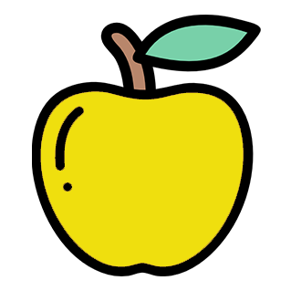 Illustration of a yellow apple with a brown stem and a green leaf on a plain background.