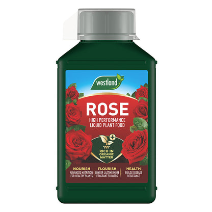 A 1L bottle of Westland Rose High Performance Liquid Plant Food, featuring red roses on its label, highlights advantages such as nourishment, improved fragrance, and exceptional disease resistance.