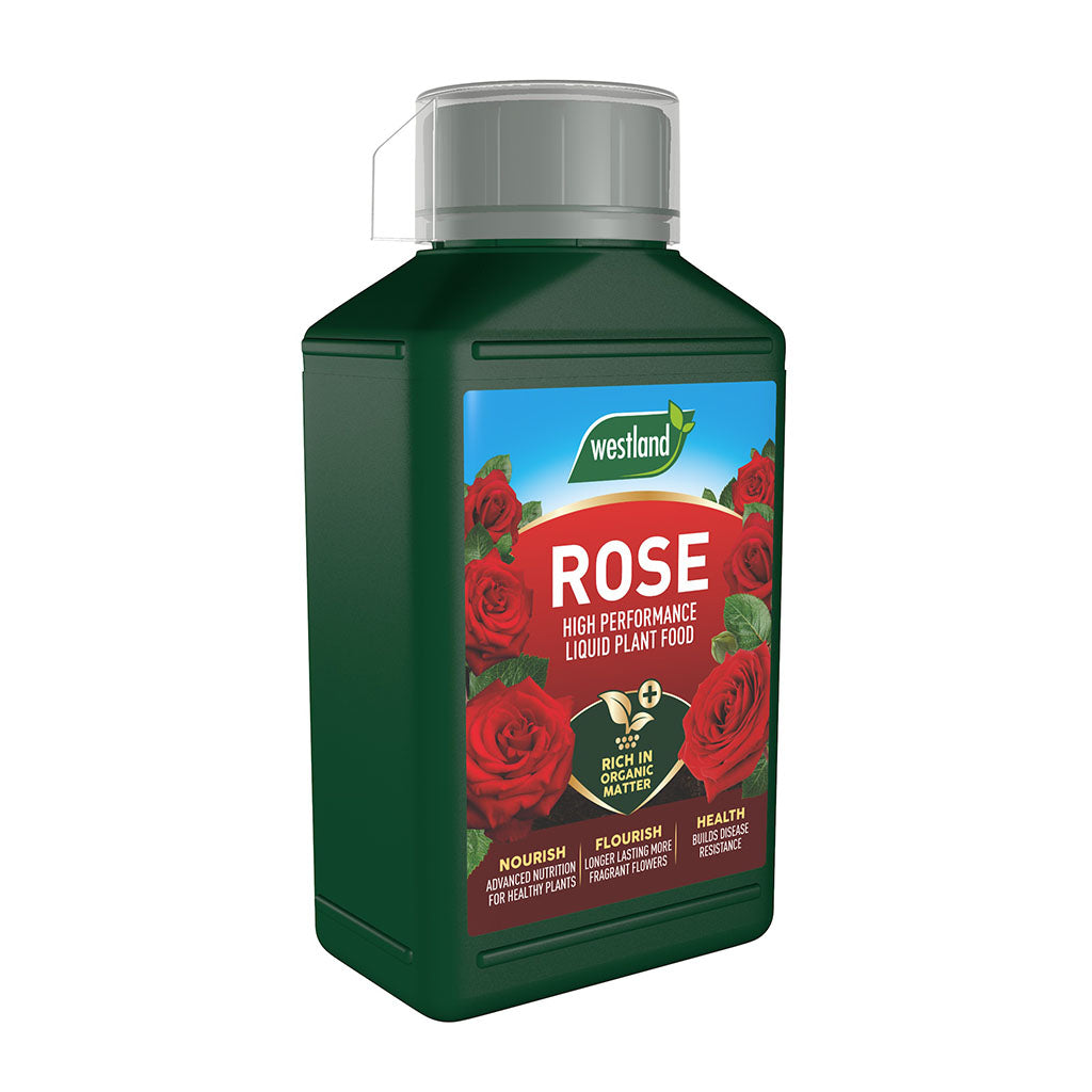 The Westland Rose High Performance Liquid Plant Food 1L, adorned with vivid red rose images on its label, boosts disease resistance for flourishing plants.