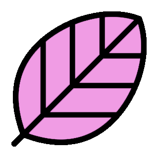 A pink leaf icon with black outlines, featuring a symmetrical vein pattern.