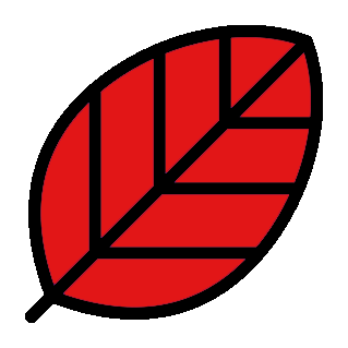A red, stylized leaf with black outlines, featuring a geometric pattern resembling leaf veins.