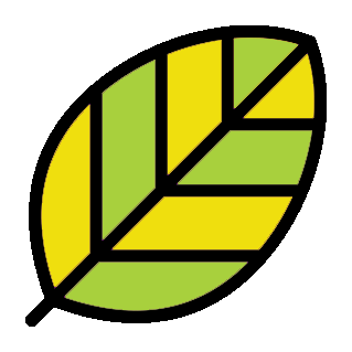 Illustration of a stylized leaf with geometric patterns in shades of green and yellow, divided into segments by bold black lines.