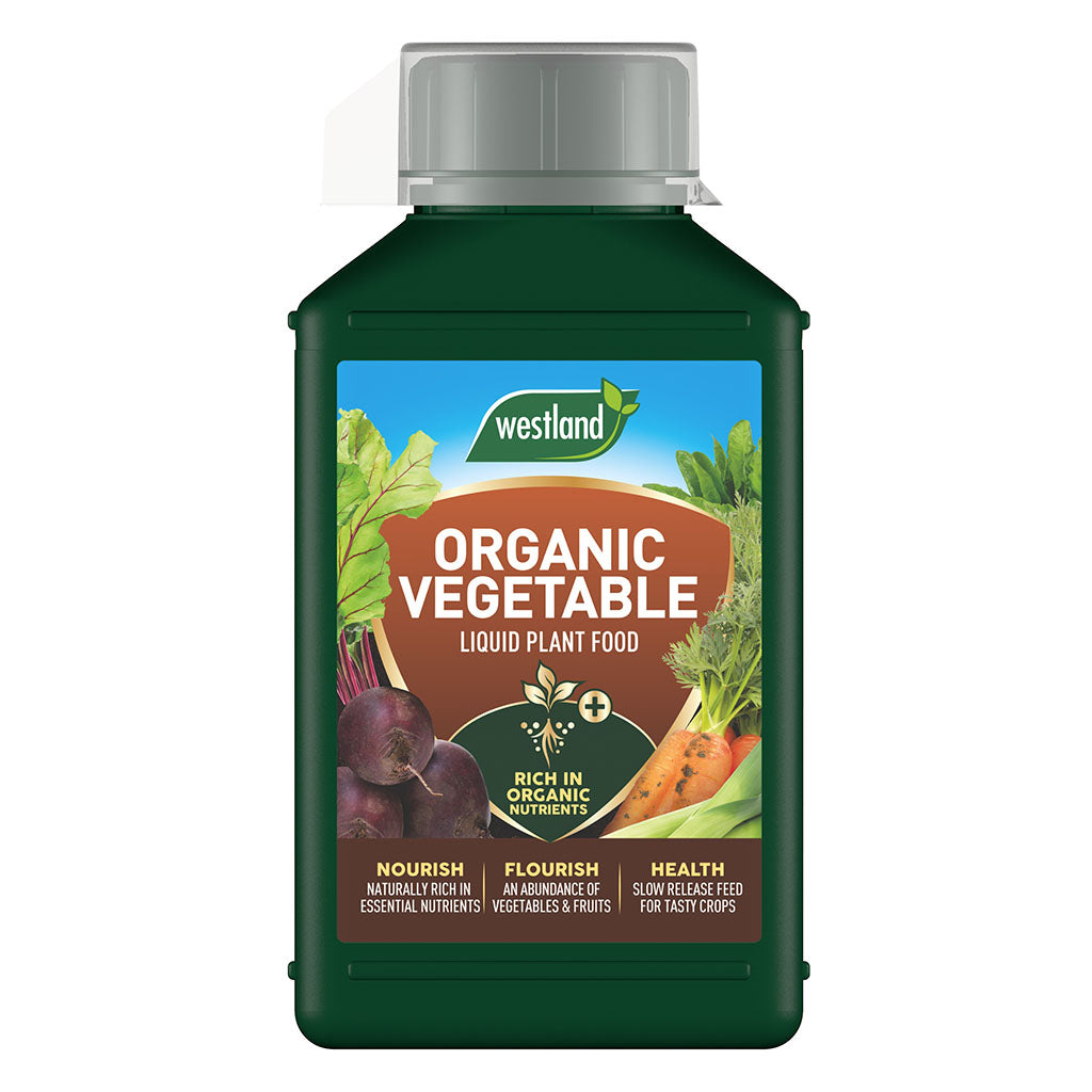 A 1L bottle of Westland Organic Vegetable Liquid Plant Food features vivid vegetables on its label, highlighting its purpose in boosting nutrient accessibility for superior vegetable growth.