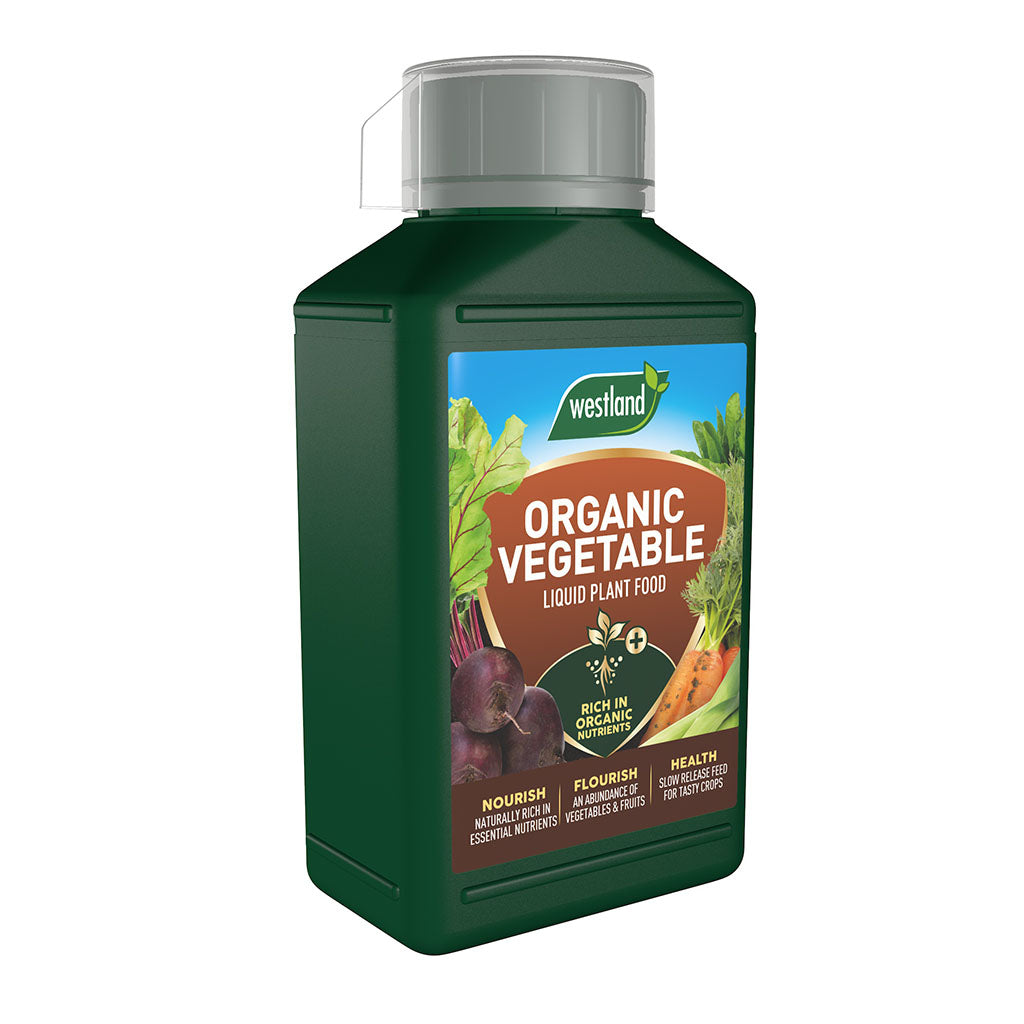 The Westland Organic Vegetable Liquid Plant Food 1L features a green label decorated with lively vegetable images, guaranteeing maximum nutrient accessibility for improved vegetable growth.
