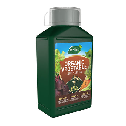 The Westland Organic Vegetable Liquid Plant Food 1L features a green label decorated with lively vegetable images, guaranteeing maximum nutrient accessibility for improved vegetable growth.