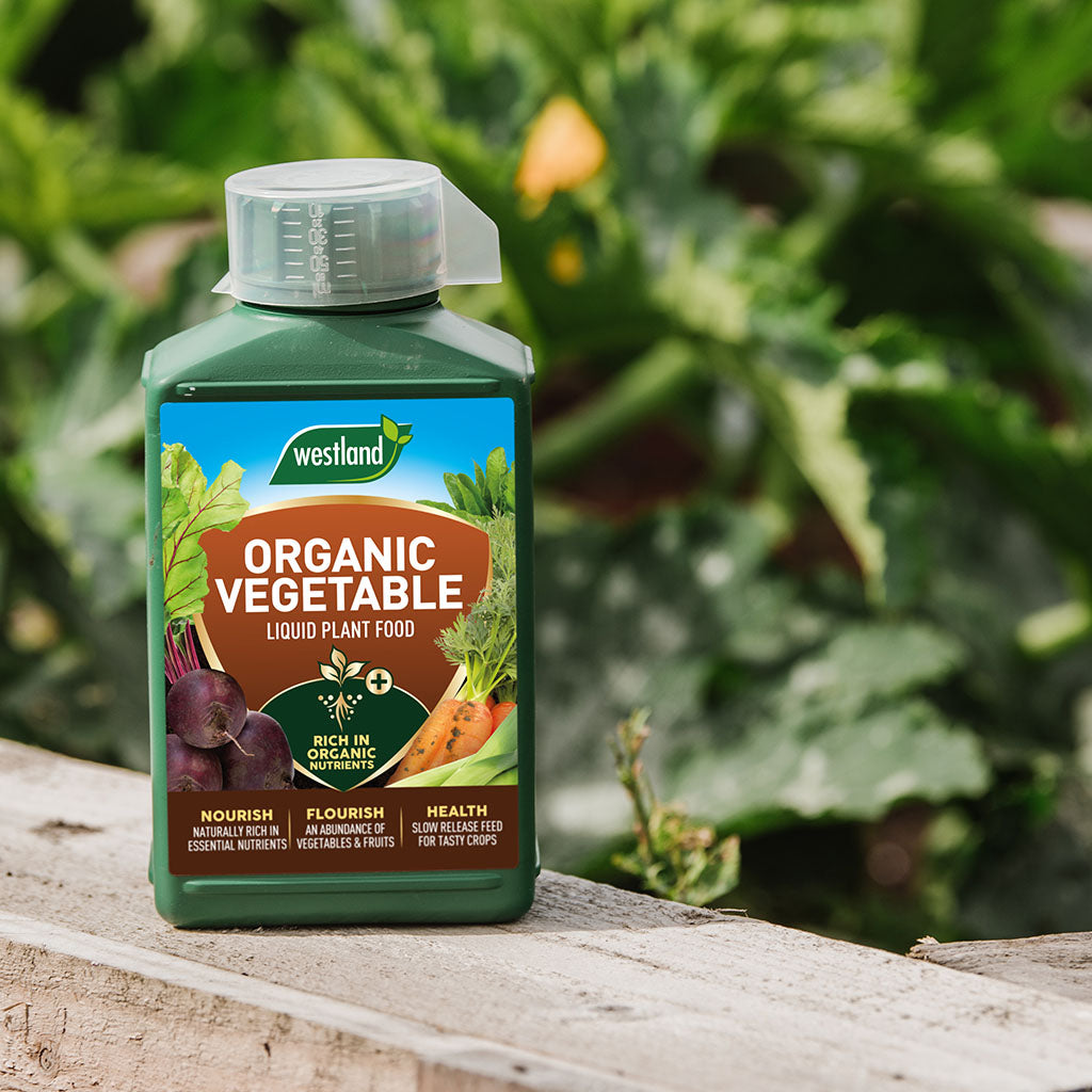 A bottle of Westland Organic Vegetable Liquid Plant Food 1L, designed to enhance nutrient availability for optimal vegetable growth, is placed on a wooden surface with lush plants in the background.